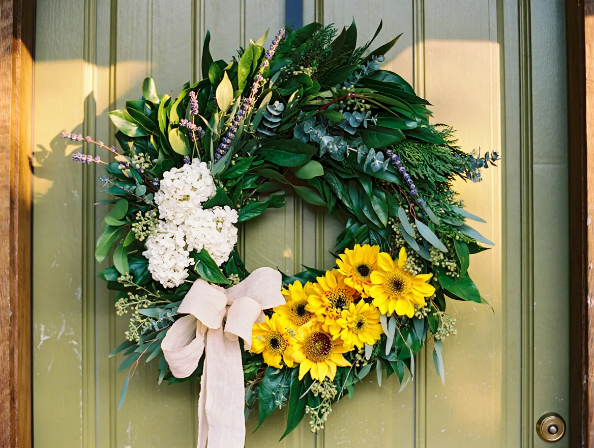 Summer Front Door Wreath with green foliage and seasonal accents