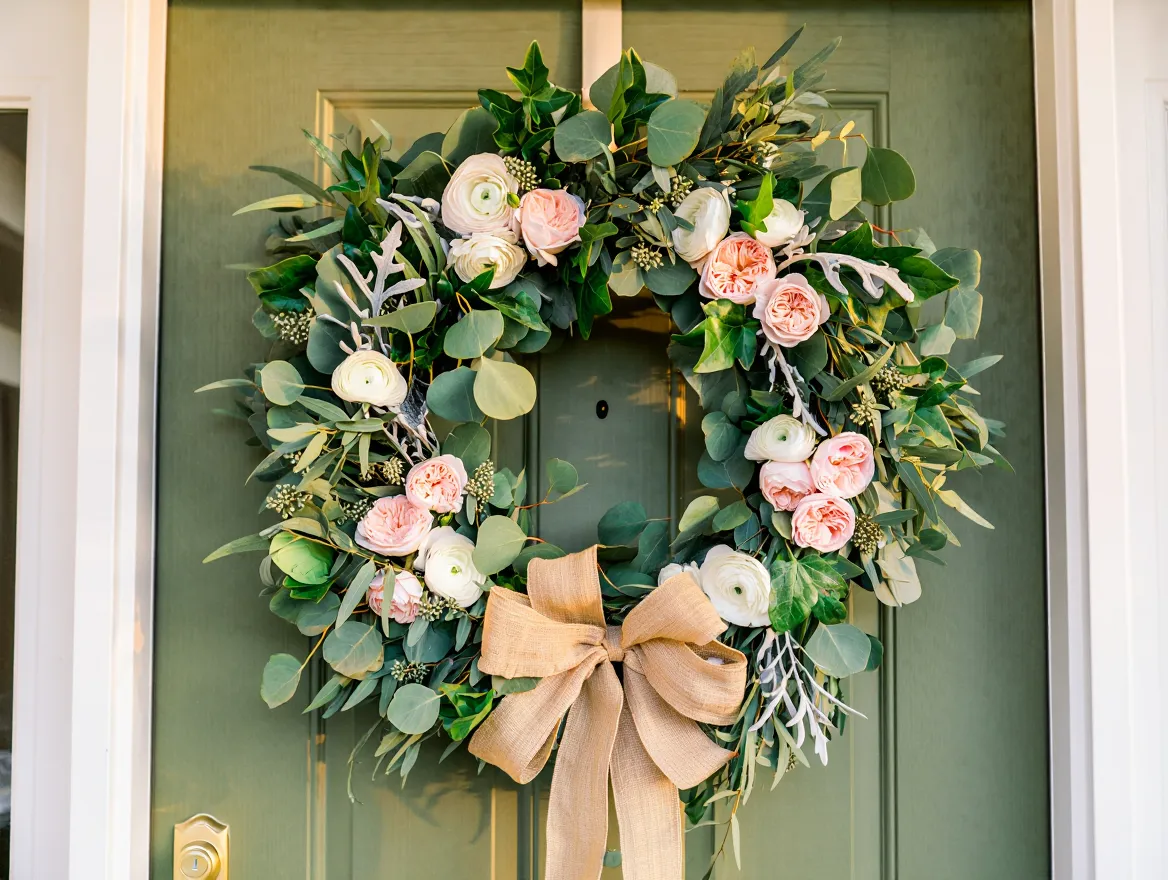 Summer Front Door Wreath with lush greenery